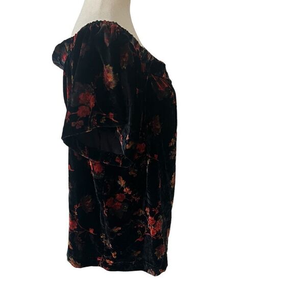 Loft Velvet On/Off the Shoulder Short Sleeve Floral Top Black Gold Orange LP - Picture 6 of 8